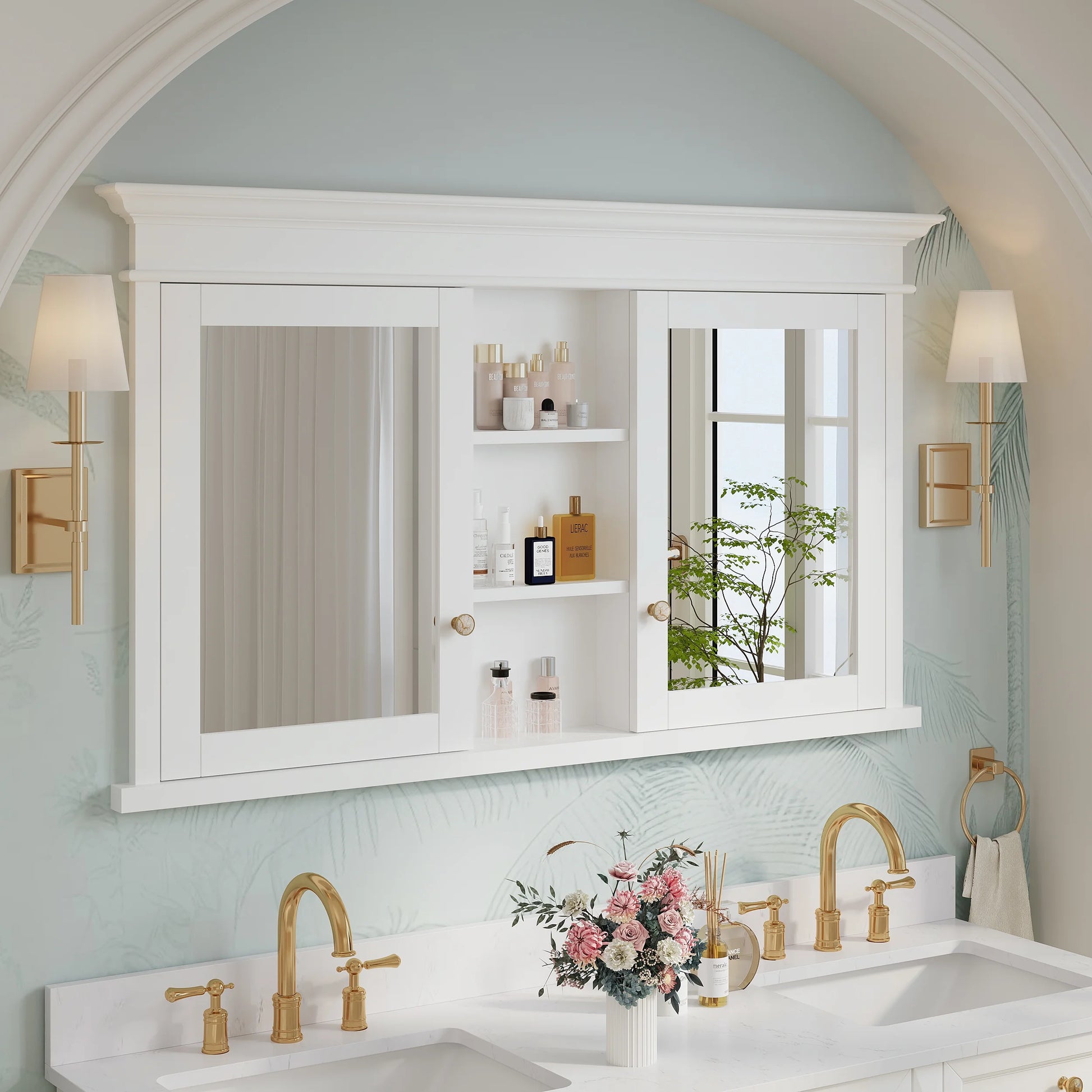 FORCLOVER 55"x 32" Bathroom Medicine Cabinet with 6 Adjustable Shelves, Recessed Mount Wooden Medicine Cabinet Storage with Mirrors and Soft-Close Door, White