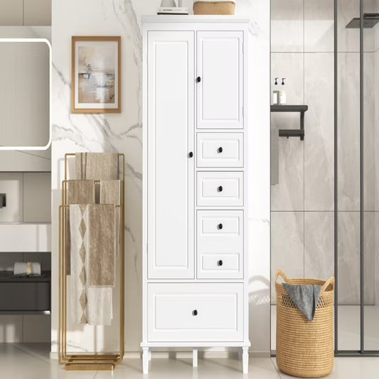 Tall White Storage Cabinet with 4 Drawers & Adjustable Shelves Multi-Functional Organizer for Bathroom, Office, Living Room Solid Pine & MDF (61.8" Height)
