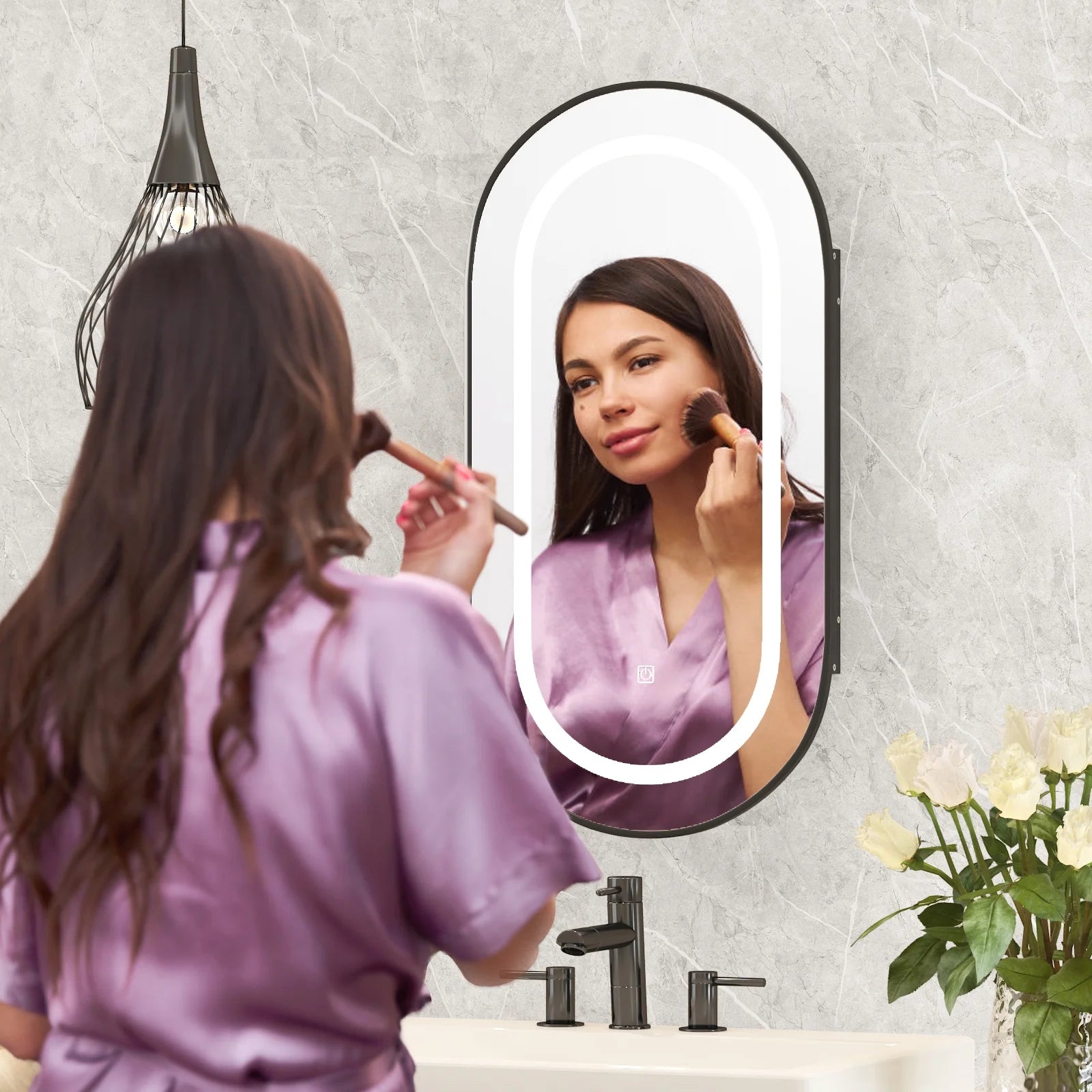 Hironpal Recessed or Wall Mounted 3 Color LED Oval Medicine Cabinet with 17x32 Inch Mirror for Bathroom,Black