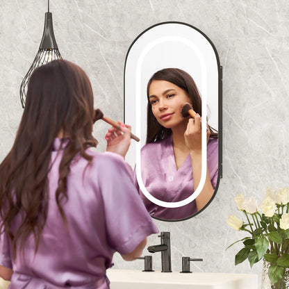 Hironpal Recessed or Wall Mounted 3 Color LED Oval Medicine Cabinet with 17x32 Inch Mirror for Bathroom,Black