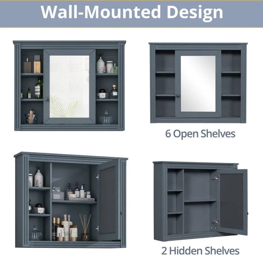 36" Bathroom Vanity Set with Resin Sink and Wall Mounted Mirror Cabinet, Modern Freestanding Single Cabinet Combo with Storage Shelves & 2 Drawers & 2 Soft Closing Doors, Vintage Handles, Gray