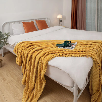 DISSA Flannel Fleece Blanket Soft Large Throw Blanket with Pompom Fringe Lightweight Cozy Plush Blanket Fit Sofa Bed(Mustard Yellow,51x63")