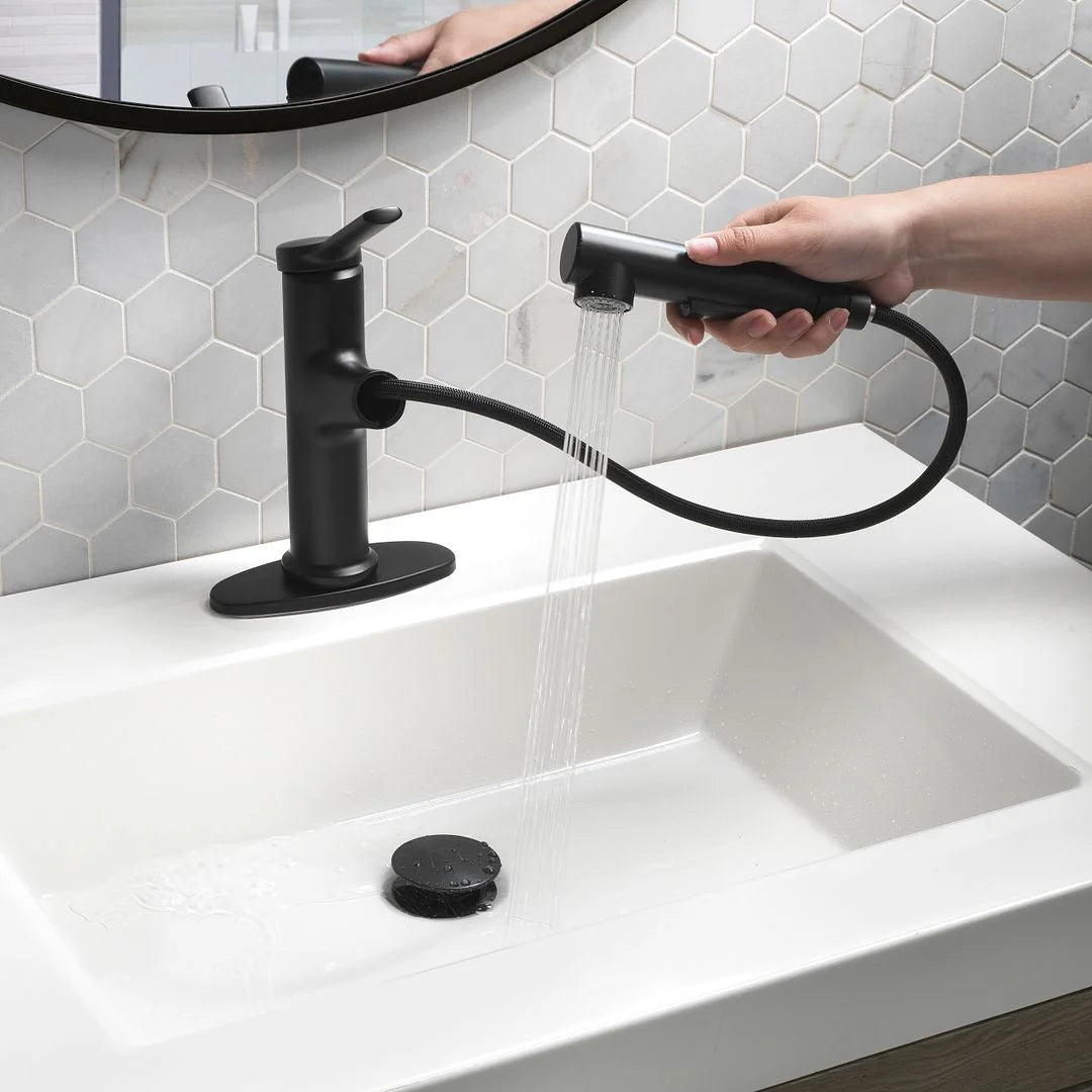 Better Homes and Gardens Pull-Out Bathroom Sink Faucet with Pop-Up Drain and Optional Deckplate, Matte Black