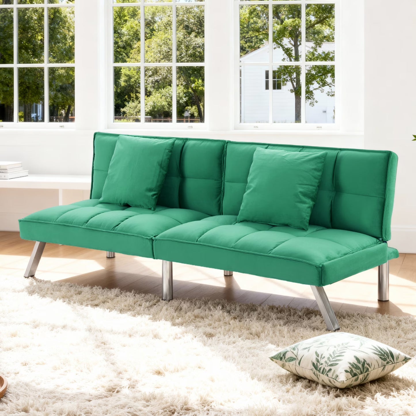 Gewnee Modern Velvet Futon Sofa Bed,67.7" Convertible Sleeper Sofa Bed with Throw Pillows Adjustable Backrest Angles,Loveseat for Small Place,Olive