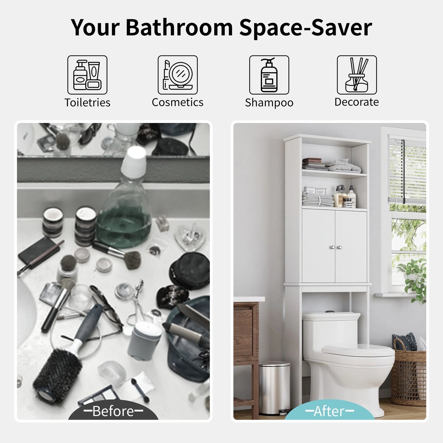 Walsunny Over the Toilet Storage Cabinets Wood Bathroom Organizer Shelf Rack Space Saver with 2 Doors 4 Shelves Anti-Tip Device White