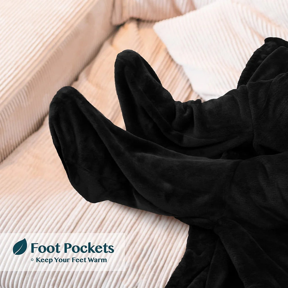 PAVILIA Fleece Blanket with Sleeves and Foot Pockets for Women Men Adult, Wearable Blanket Throw Wrap, Warm Cozy Extra Soft Sleep Hug Blanket with Feet, Gift for Women Mom (Black)