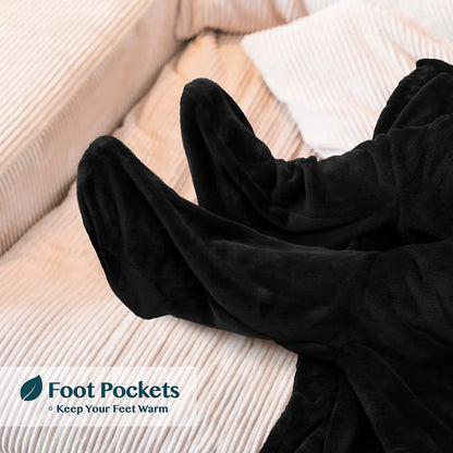 PAVILIA Fleece Blanket with Sleeves and Foot Pockets for Women Men Adult, Wearable Blanket Throw Wrap, Warm Cozy Extra Soft Sleep Hug Blanket with Feet, Gift for Women Mom (Black)