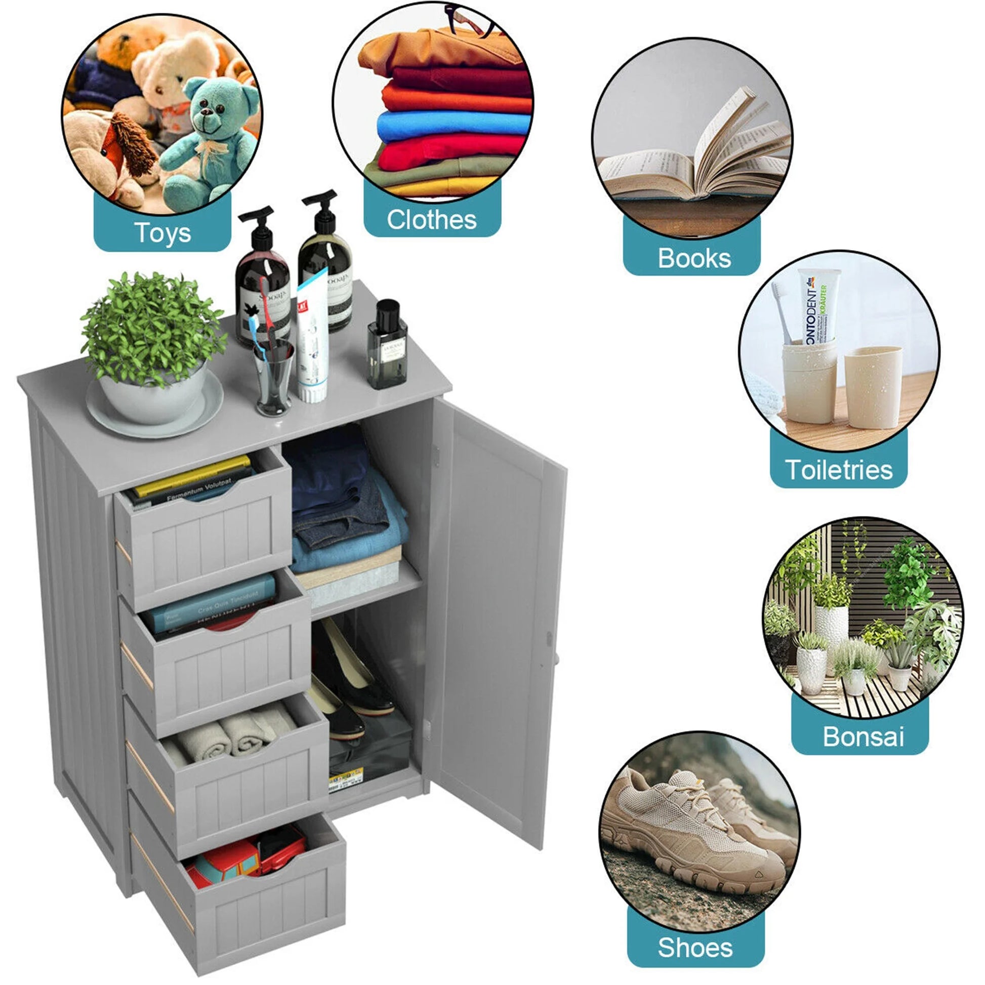 Gymax Bathroom Floor Cabinet Storage Organizer Cupboard w/4 Drawers Adjustable Shelf Grey