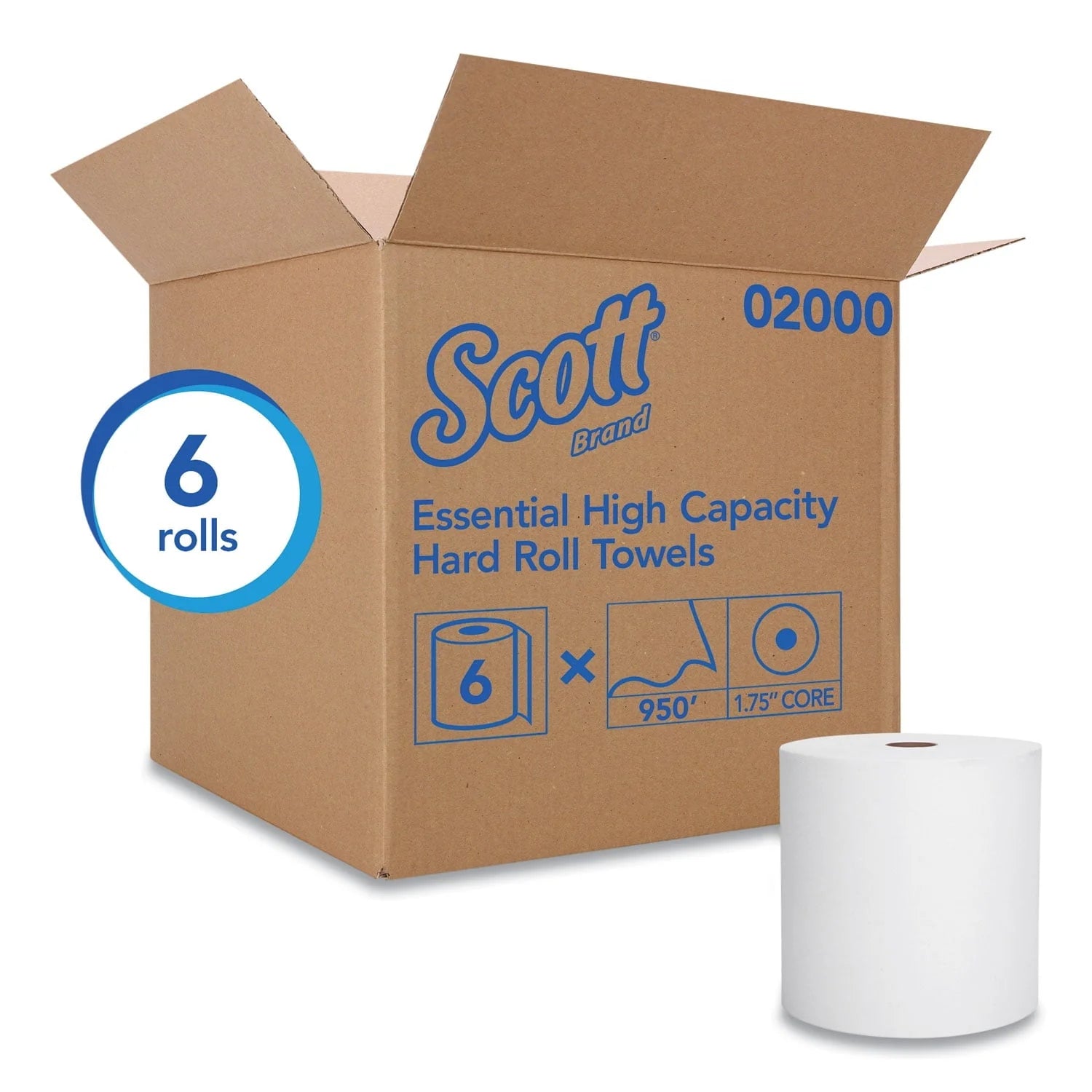 Scott Essential High Capacity Hard Roll Towels for Business, 1.75" Core, 8 x 950 ft, White,6 Rolls/CT -KCC02000