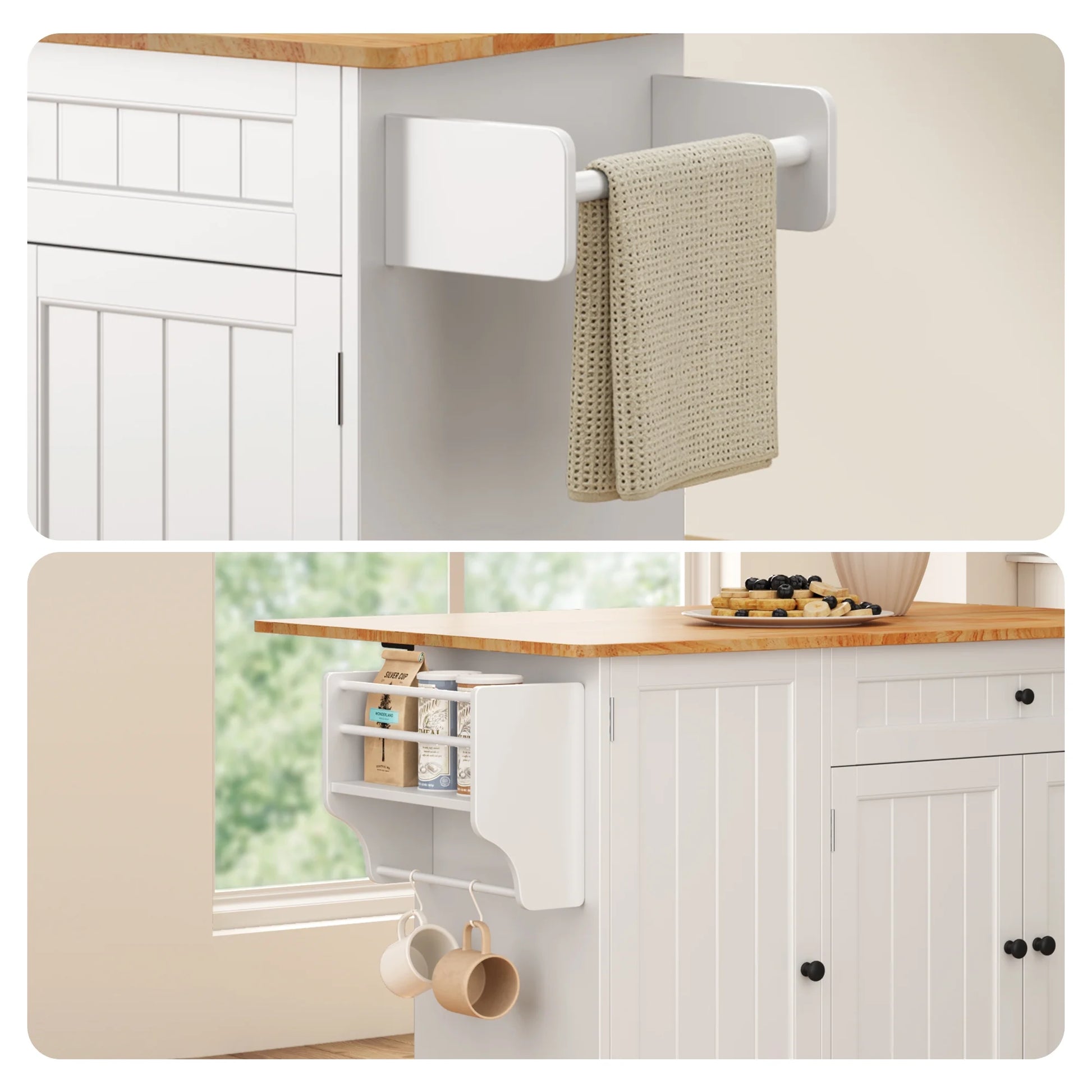 Kitchen Island with Storage - Lofka Rolling Kitchen Cart with Solid Wood Top,Drawers,Spice Rack & Towel Bar - Mobile Workstation for Small Kitchen,Dining Room ,White
