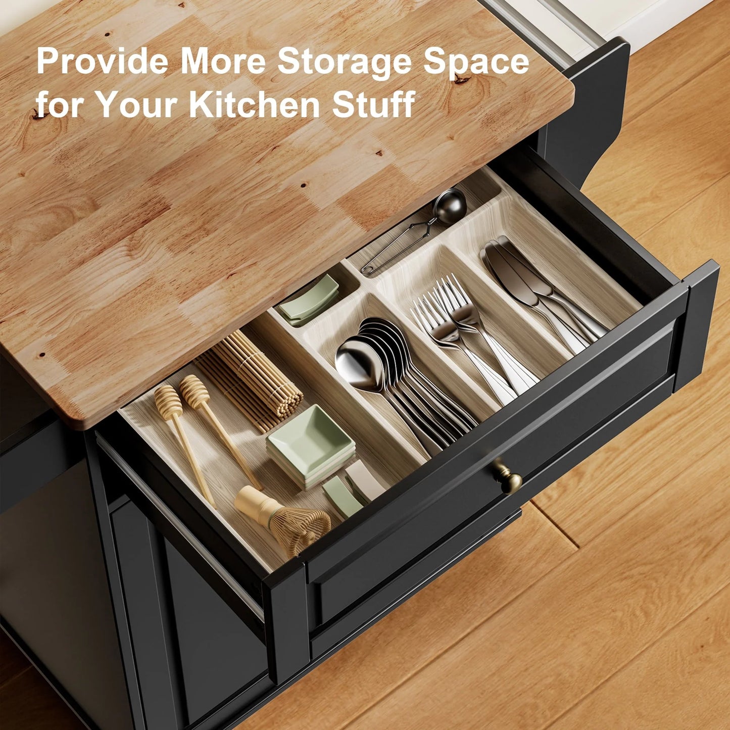 Kitchen Island with Storage on Wheels, Microwave cart with Spice Rack, Towel Rack & Drawer, Black