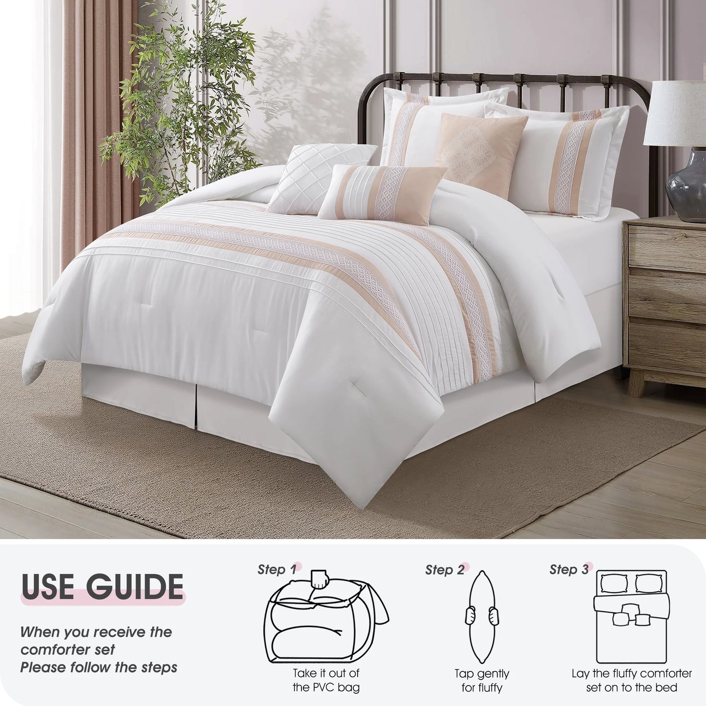 Lanco Striped 7 Piece Taupe Comforter Set, King Size Microfiber Bedding, All Season Bedding Set, Bed Skirt, Pillows & Shams