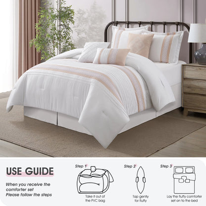 Lanco Striped 7 Piece Taupe Comforter Set, King Size Microfiber Bedding, All Season Bedding Set, Bed Skirt, Pillows & Shams