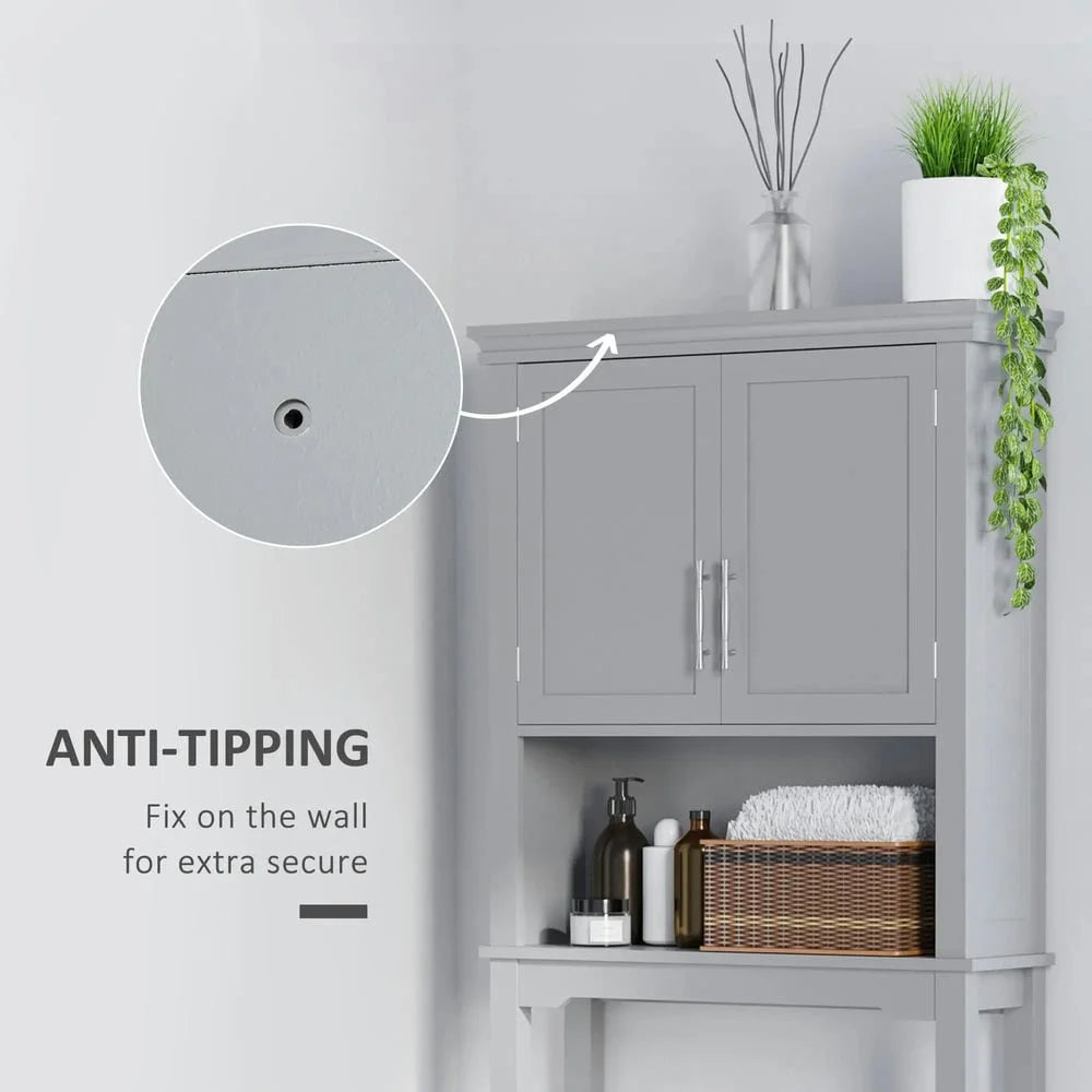 Kepooman Toilet Storage Cabinet, Toilet Organizer Cabinet,Modern Over The Toilet Storage Cabinet, Double Door Bathroom Organizer with Open Shelf, Grey