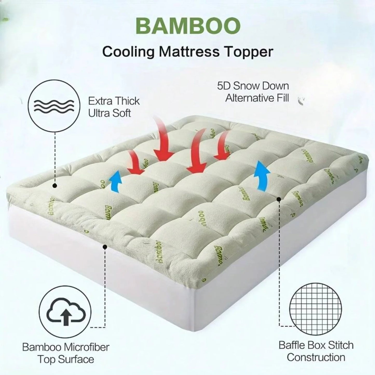 odorsTTBamboo Queen Mattress Topper - Thick Cooling Breathable Pillow Top Mattress Pad For Back Pain Relief - Deep Pocket Topper