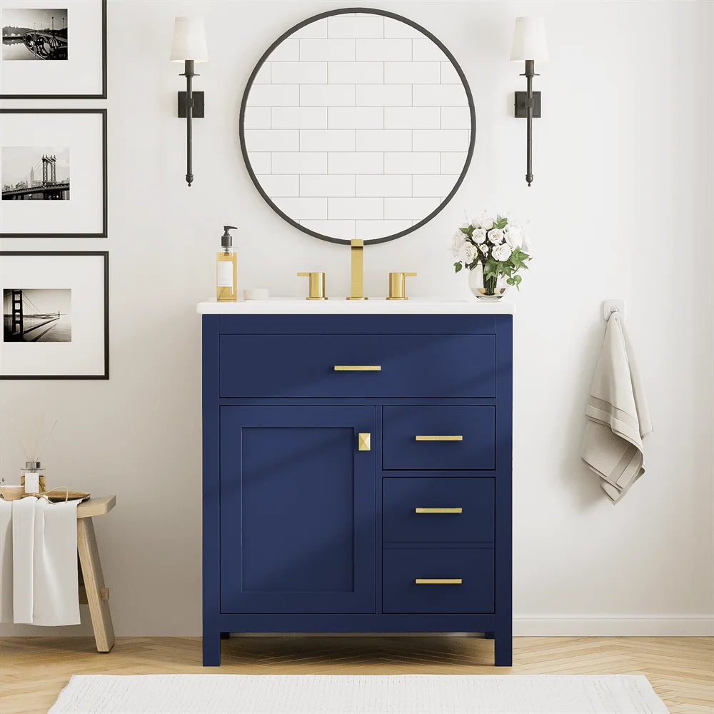30-Inch Bathroom Vanity with Ceramic Sink, Freestanding Bathroom Cabinet with Multi-functional Shelves, Modern Undermount Bathroom Sink Cabinet with Flip Drawers and Two Regular Drawers, Green