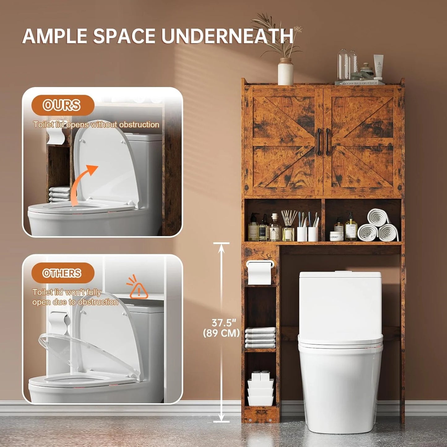 Selooye Over The Toilet Storage Cabinet, 32'' Farmhouse Storage Cabinet Over Toilet with 2 Barn Door, Toilet Paper Holder Stand and Adjustable Shelves, Toilet Rack for Bathroom, Restroom, Laundry