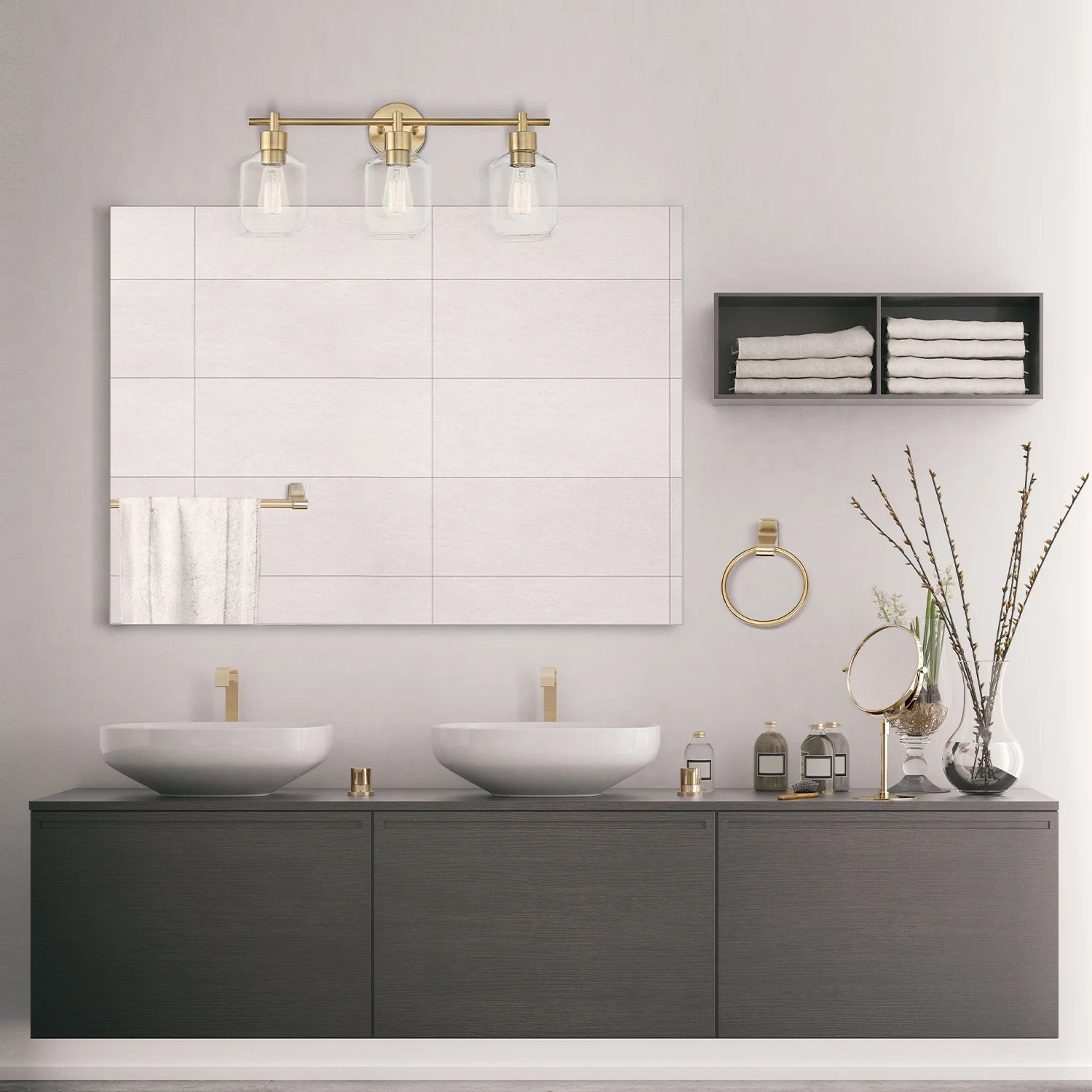 Globe Electric Matte Brass Modern 5-Piece All-In-One Bathroom Set with Vanity Light, LED Bulbs
