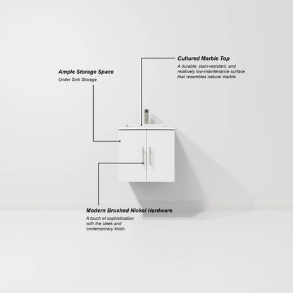 Geneva 24 in W x in D Glossy White Single Bath Vanity Cultured Marble Countertop, 18 in Mirror and Faucet Set