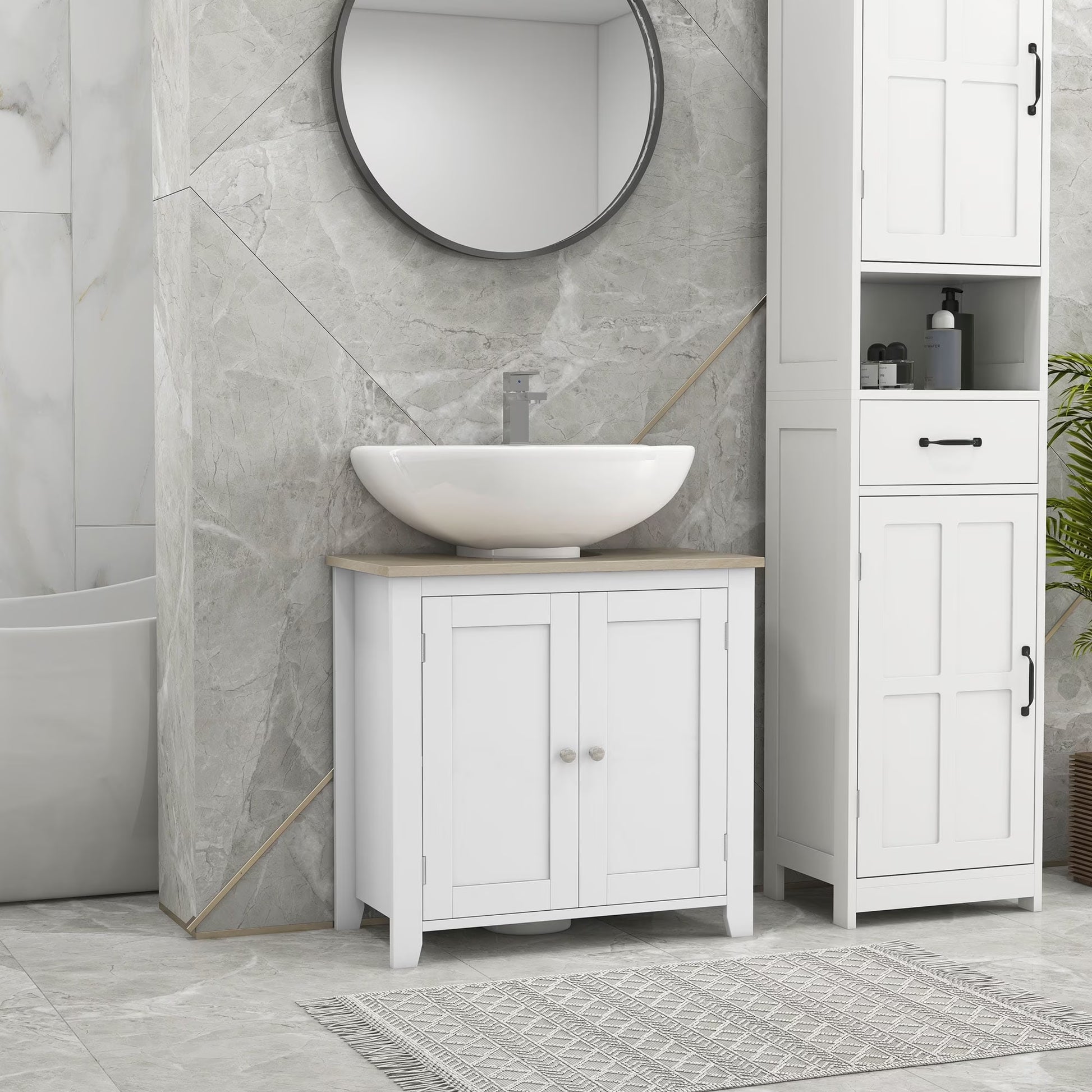 Kleankin Pedestal Sink Storage Cabinet, Under Sink Cabinet, Bathroom Vanity Cabinet with U-Shape and Adjustable Internal Shelf, White
