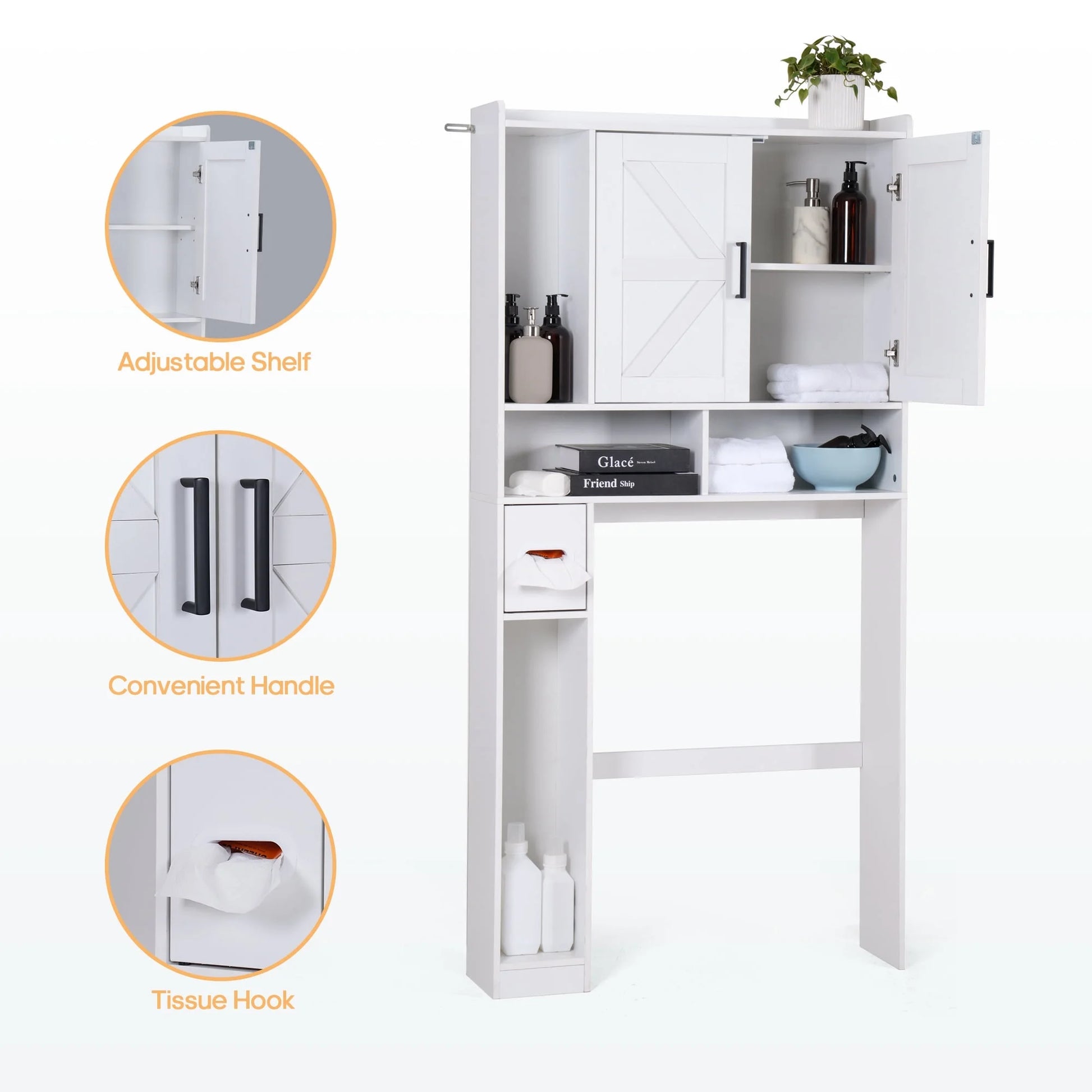 YISUFO Over the Toilet Storage Cabinet, Freestanding Bathroom Organizer with Adjustable Shelves, Waterproof, 65" H x 32" D x 7.7" W, White