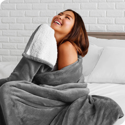 Bare Home Plush Sherpa Bed Blanket - Fluffy & Soft - Reversible - Lightweight - Full/Queen, Gray
