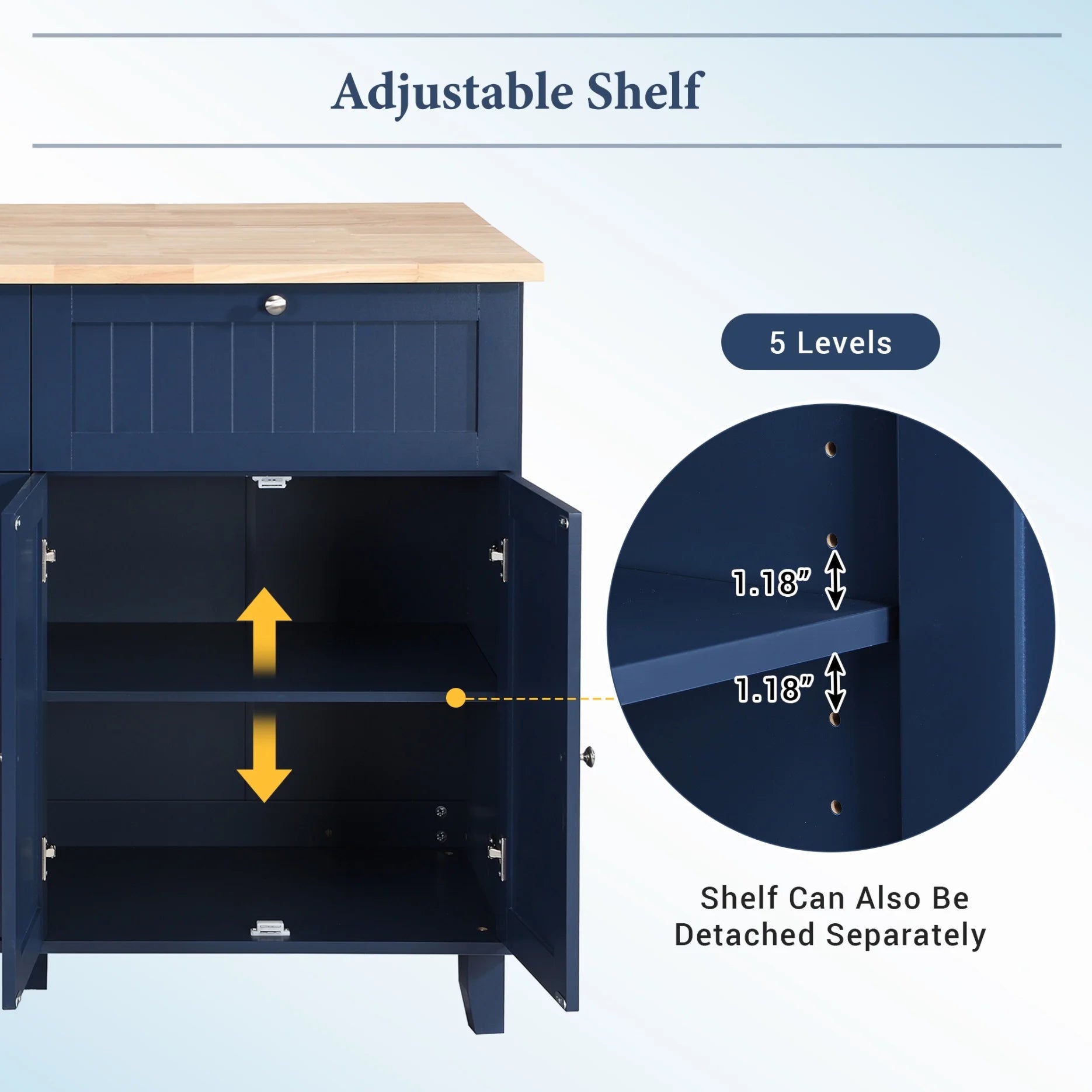3 Pieces Farmhouse Style Kitchen Island Set with 2 Dining Stools, Kitchen Island with Adjustable Shelf, 4 Drawers, 2-Door Cabinet, Towel Rack & Rubber Wood Tabletop, Blue