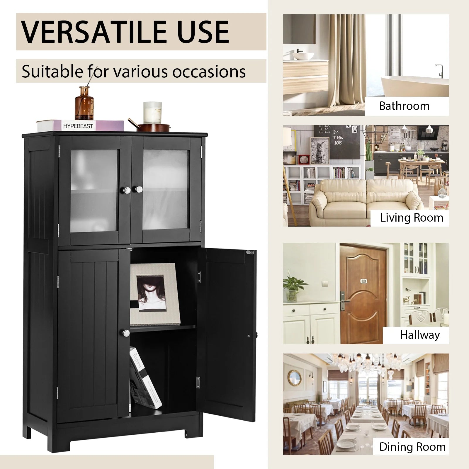 Costway Bathroom Floor Storage Cabinet Kitchen Cupboard w/Doors& Adjustable Shelf Black