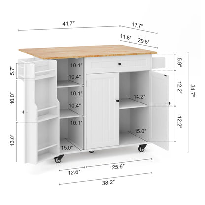 Kitchen Island with Storage - Lofka Rolling Kitchen Cart with Solid Wood Top,Drawers,Spice Rack & Towel Bar - Mobile Workstation for Small Kitchen,Dining Room ,White