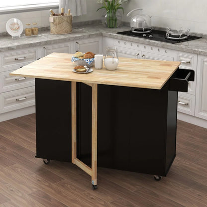 Tcbosik Kitchen Cart Rolling Storage Islands on wheels, Kitchen Cart with Drawers, Spice Rack, Towel Rack, Extensible Solid Wood Table Top, Black
