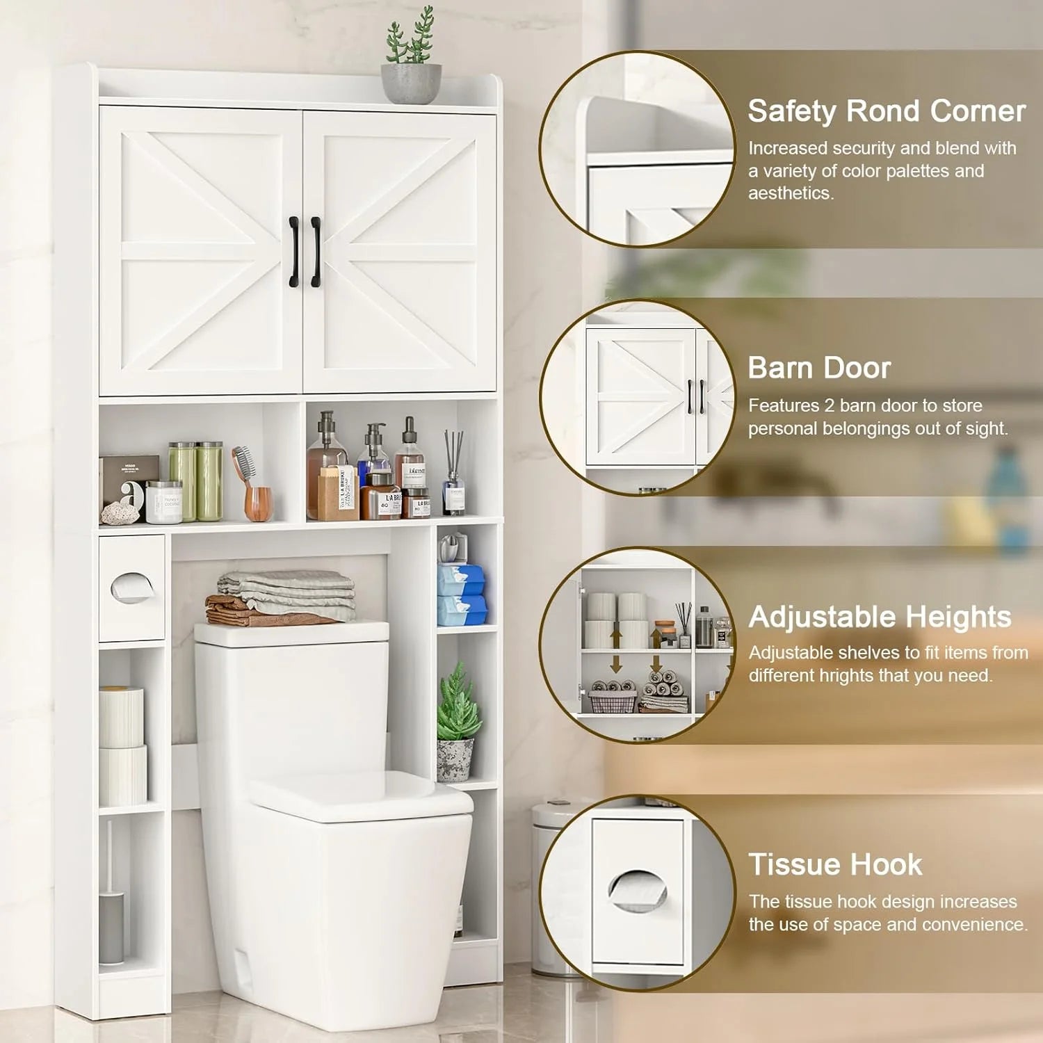 Vabches Over The Toilet Storage Cabinet with Toilet Paper Holder Stand, Above Toilet with Adjustable Shelf & 2 Doors