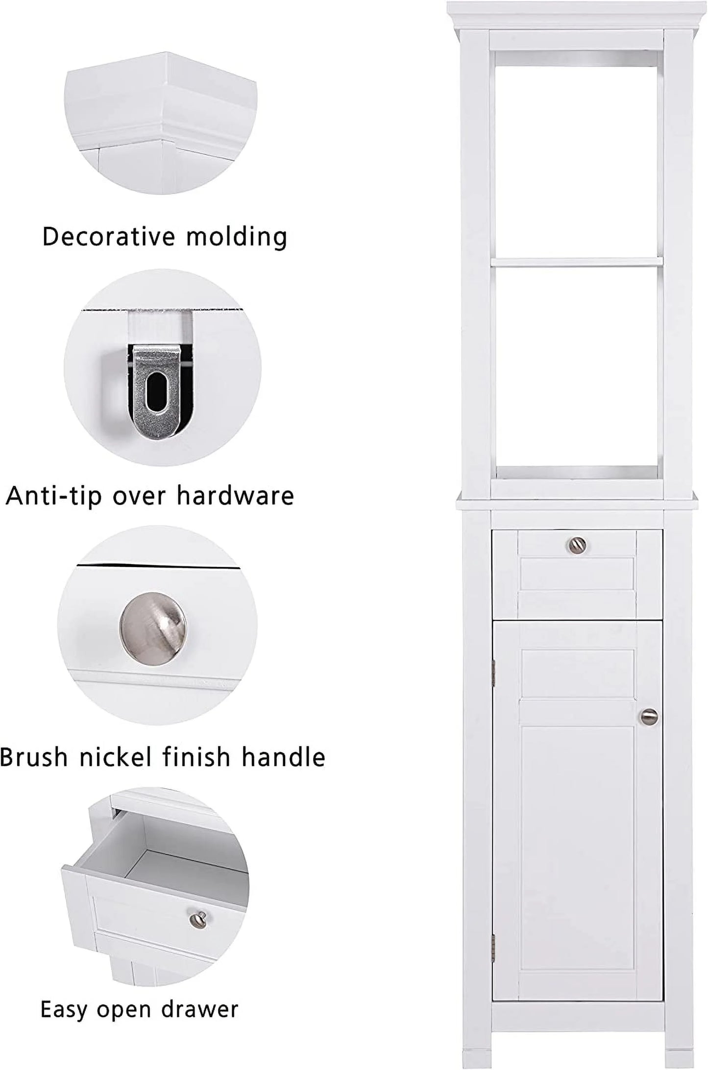 Spirich Home Bathroom Freestanding Storage Cabinet with Two Tier Open Shelves, Tall Slim Cabinet with Door and Drawer, Free Standing Linen Tower 15.75 ''(White with Drawer)