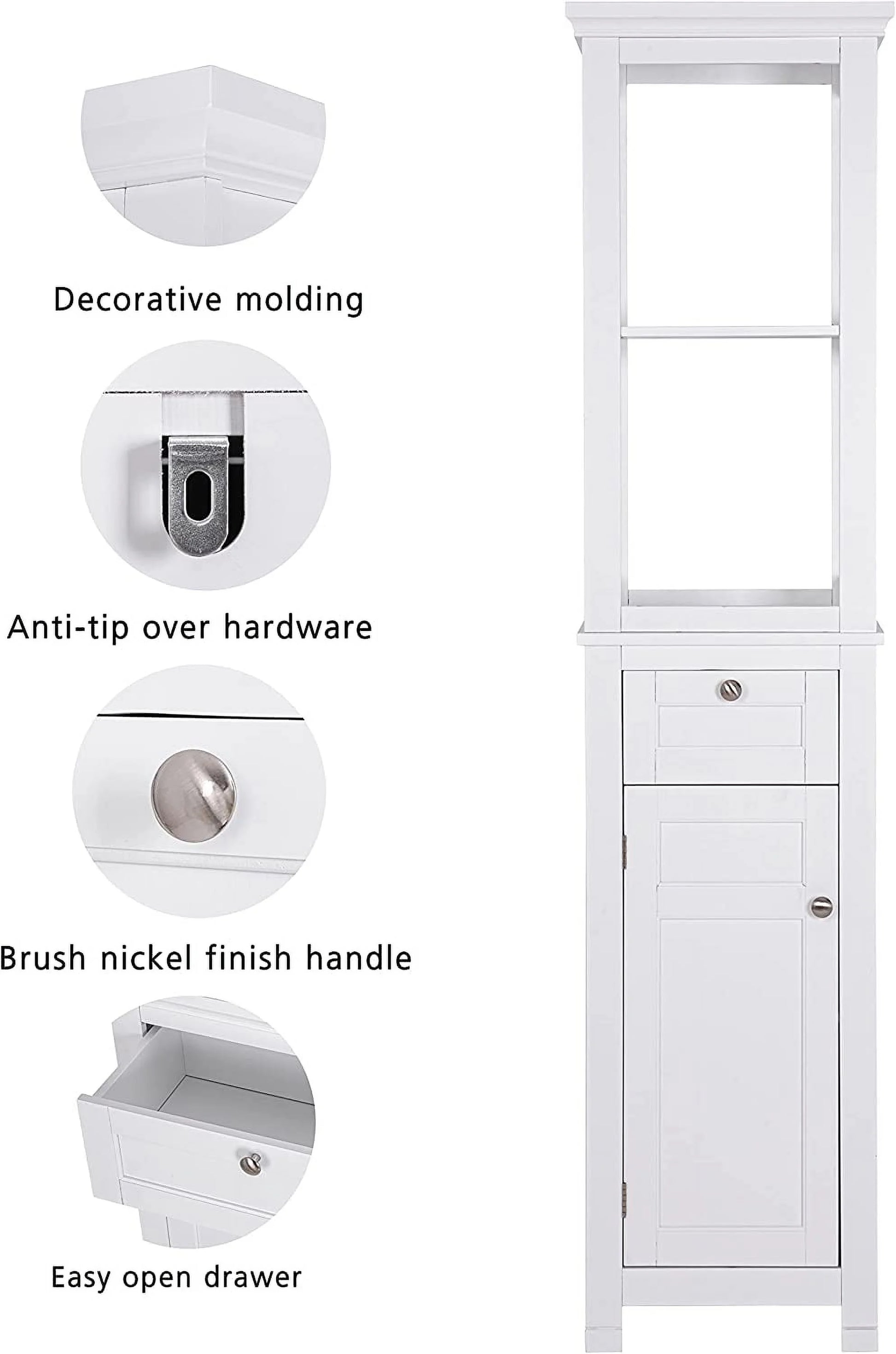 Spirich Home Bathroom Freestanding Storage Cabinet with Two Tier Open Shelves, Tall Slim Cabinet with Door and Drawer, Free Standing Linen Tower 15.75 ''(White with Drawer)