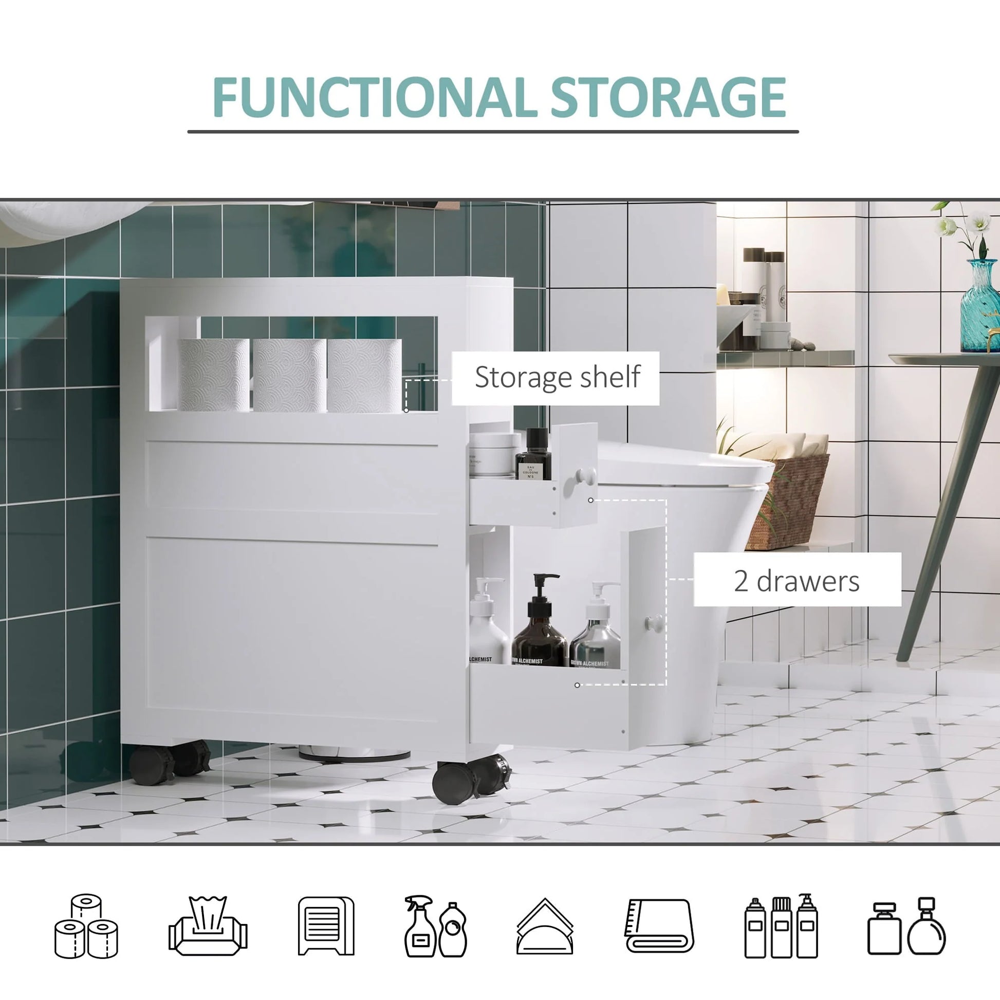 Homcom Wood Rolling Bathroom Side Storage Cabinet, White