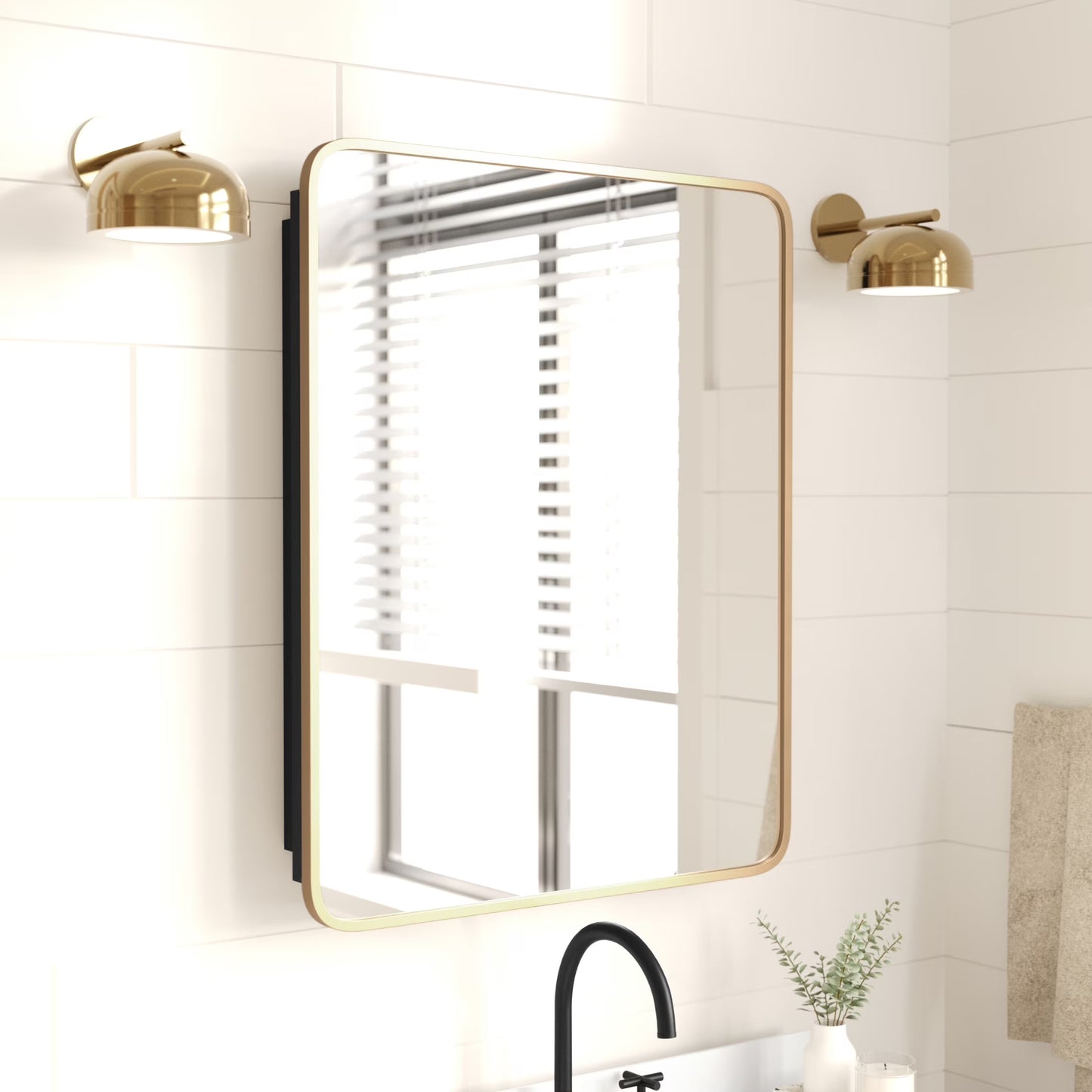 Merrick Lane 24" x 30" Reversible Bathroom Wall Medicine Cabinet with Rounded Rectangular Beveled Mirror and Black Metal Frame and Shelves