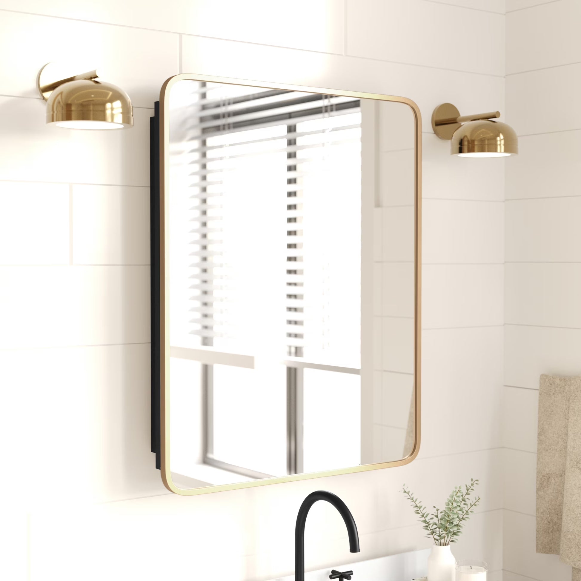 Merrick Lane 24" x 30" Reversible Bathroom Wall Medicine Cabinet with Rounded Rectangular Beveled Mirror and Black Metal Frame and Shelves
