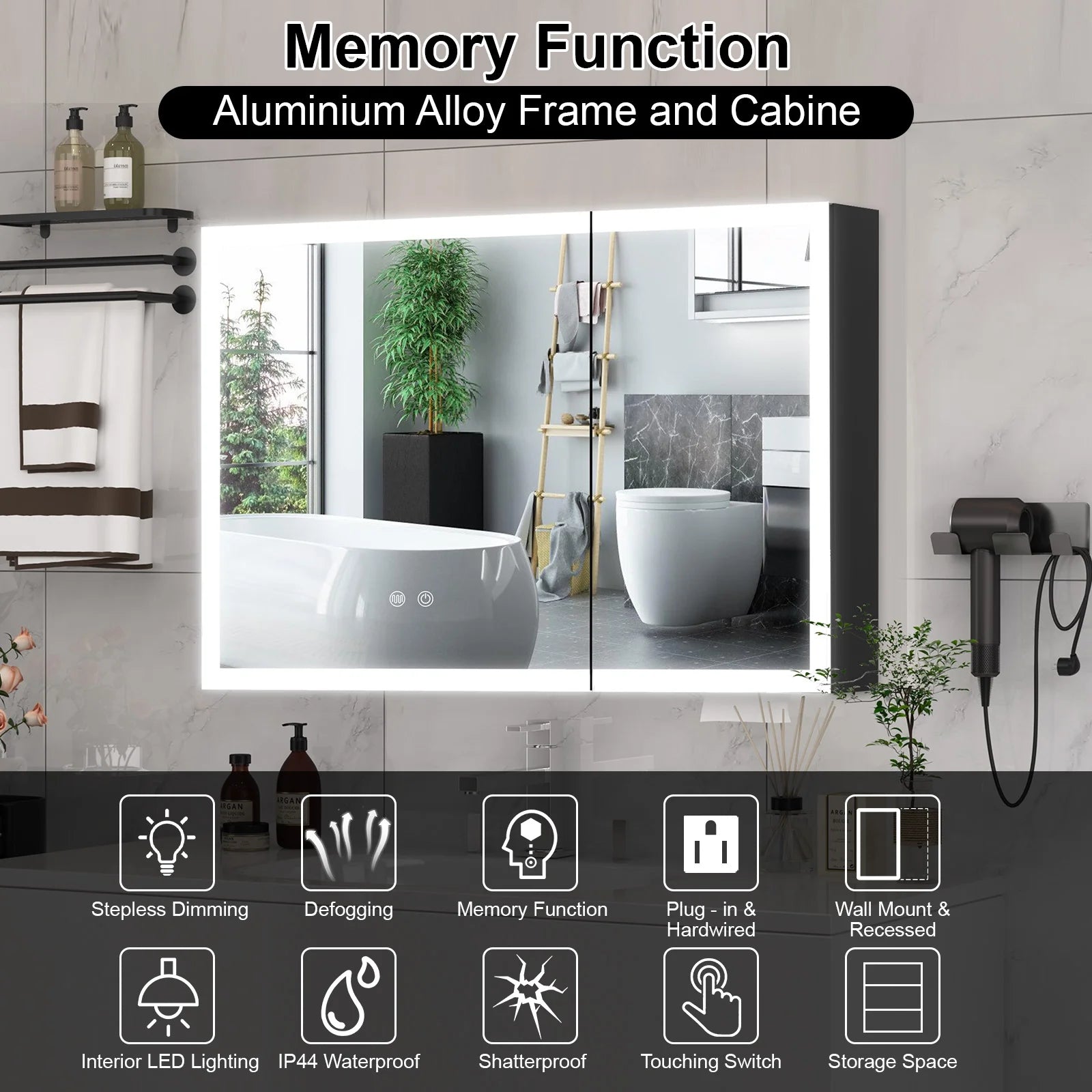 JBLCC LED Lighted Medicine Cabinet with Mirror, Wall Mounted Bathroom Cabinet with Touch Sensor, Anti-Fog, Black