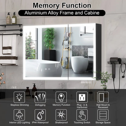 JBLCC LED Lighted Medicine Cabinet with Mirror, Wall Mounted Bathroom Cabinet with Touch Sensor, Anti-Fog, Black