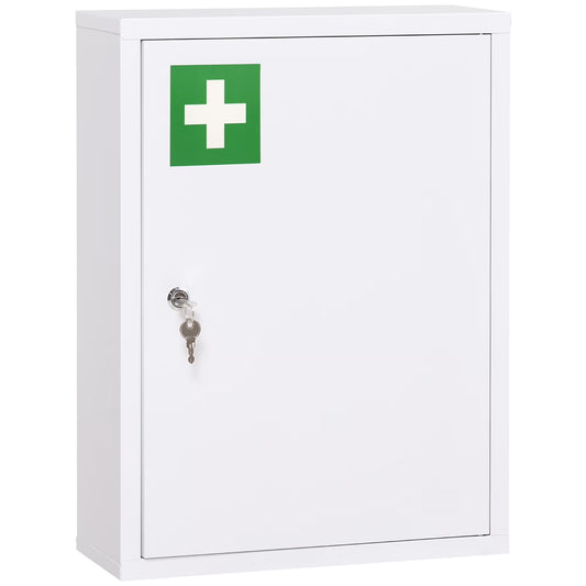 Living Room Cabinets kleankin 16" x 21" Wall Medicine Cabinet with Lock, 3 Tier Steel Locking Wall Cabinet for Bathroom, Kitchen with 2 Keys, White,Primary Living Space Cabinets