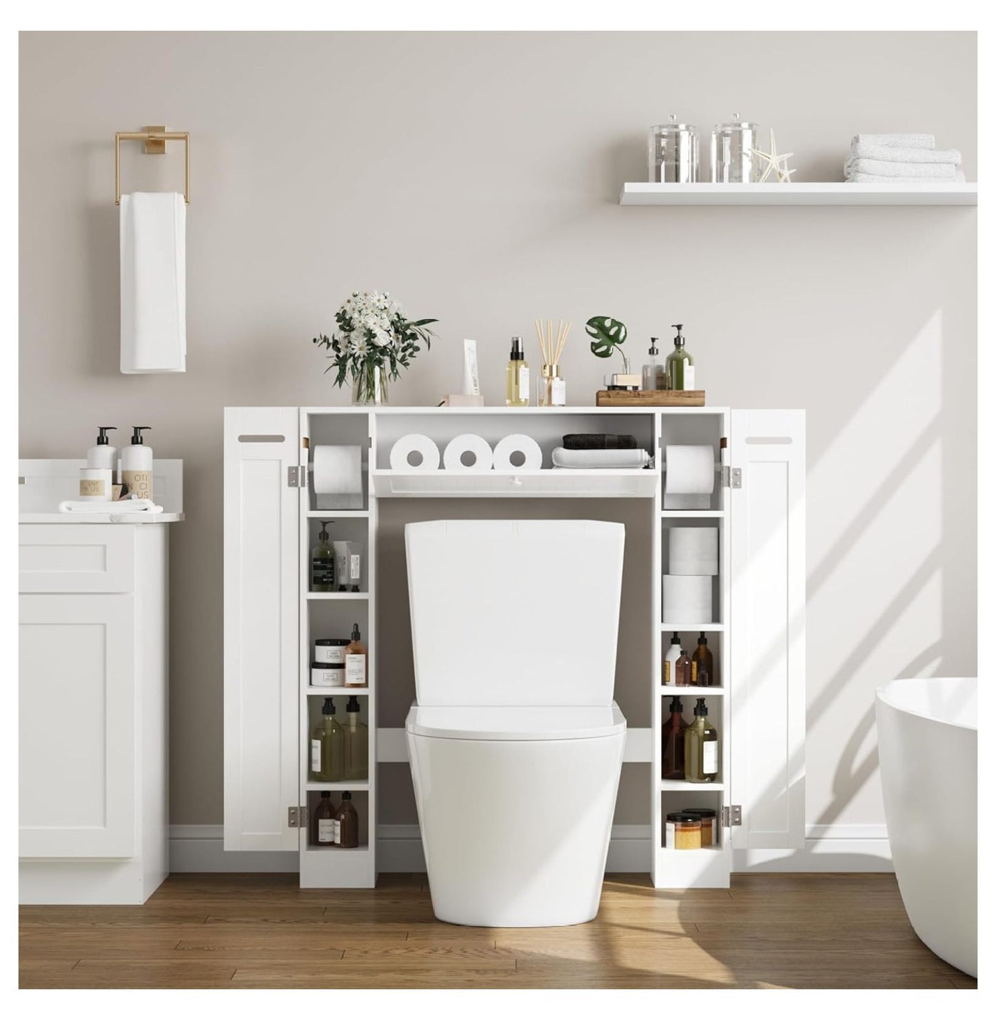 Over The Toilet Storage Cabinet, Bathroom Space Saver with Paper Holder and Adjustable Shelves, Freestanding Toilet Cabinet Organizer with 2 Side Doors and Pull-Down Door, White