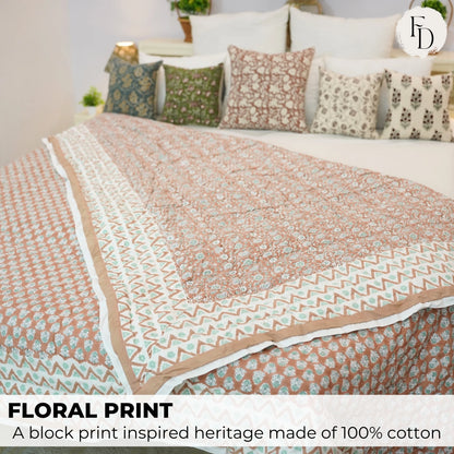 Handmade quilt, block printed floral quilt, boho decorative winter quilt, Indian bedding quilt, throw and blanket for room