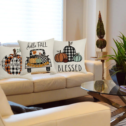Thanksgiving Throw Pillow Covers for Thanksgiving Decor Farmhouse Buffalo Check Plaid Pumpkin Outdoor Pillows for Thanksgiving day Home Decor 18x18 in, Set of 4