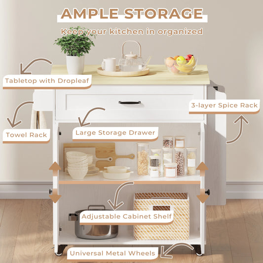 IRONCK 31.5" Rolling Kitchen Island Cart with Drop Leaf, Drawer, Adjustable Storage Cabinet, Spice Rack and Towel Holder