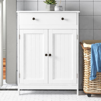 BaytoCare Wooden Free Standing Bathroom Floor Cabinet with Drawer and Double Doors, Bathroom Storage Organizer also Suitable for Kitchen Entryway Bedroom, White Finish