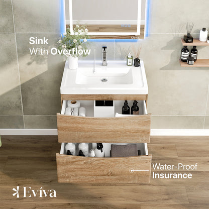 Eviva Smile 30" White Oak Wall Mount Modern Bathroom Vanity w/White Integrated Top