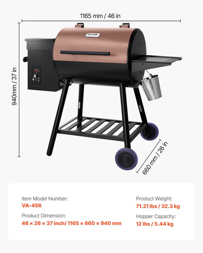 VEVOR Wood Pellet Grill Smoker, 8 in 1 BBQ Grills for Outdoor Cooking, 456 Square Inches Cook Area Electric Grill and Smoker, with Digital Controller, Meat Probe, 500° F Max Temperature, Black
