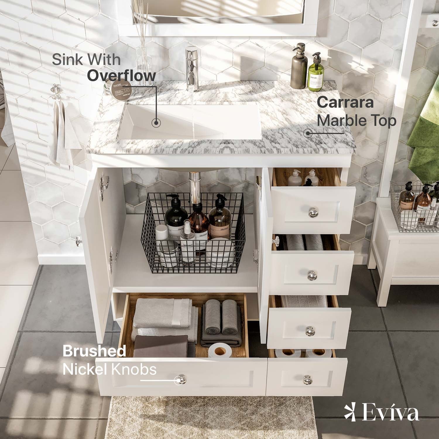 Eviva Happy 30" W x 18" D x 34" H White Bathroom Vanity with White Carrara Marble Counter-Top
