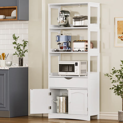 Sideboard Storage Cabinet with Drawer& Shelves, Kitchen Pantry Storage Cabinet with Microwave Space& Cupboard, Modern Freestanding Floor Bathroom Cabinet/Bookshelf for Home Office, White