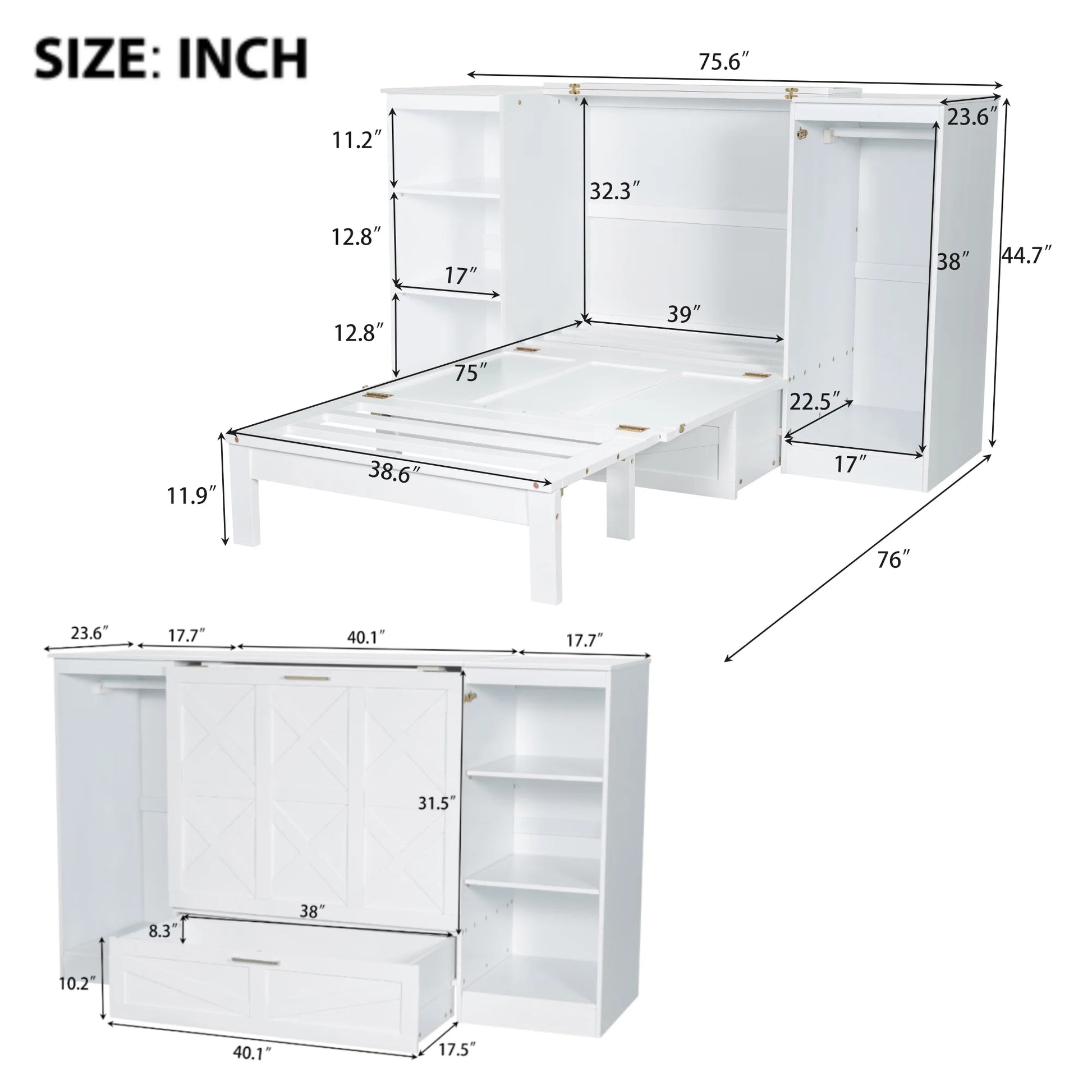Euroco Wood Twin Size Murphy Bed with Wardrobe and Shelves for Kids Teens Living Room
