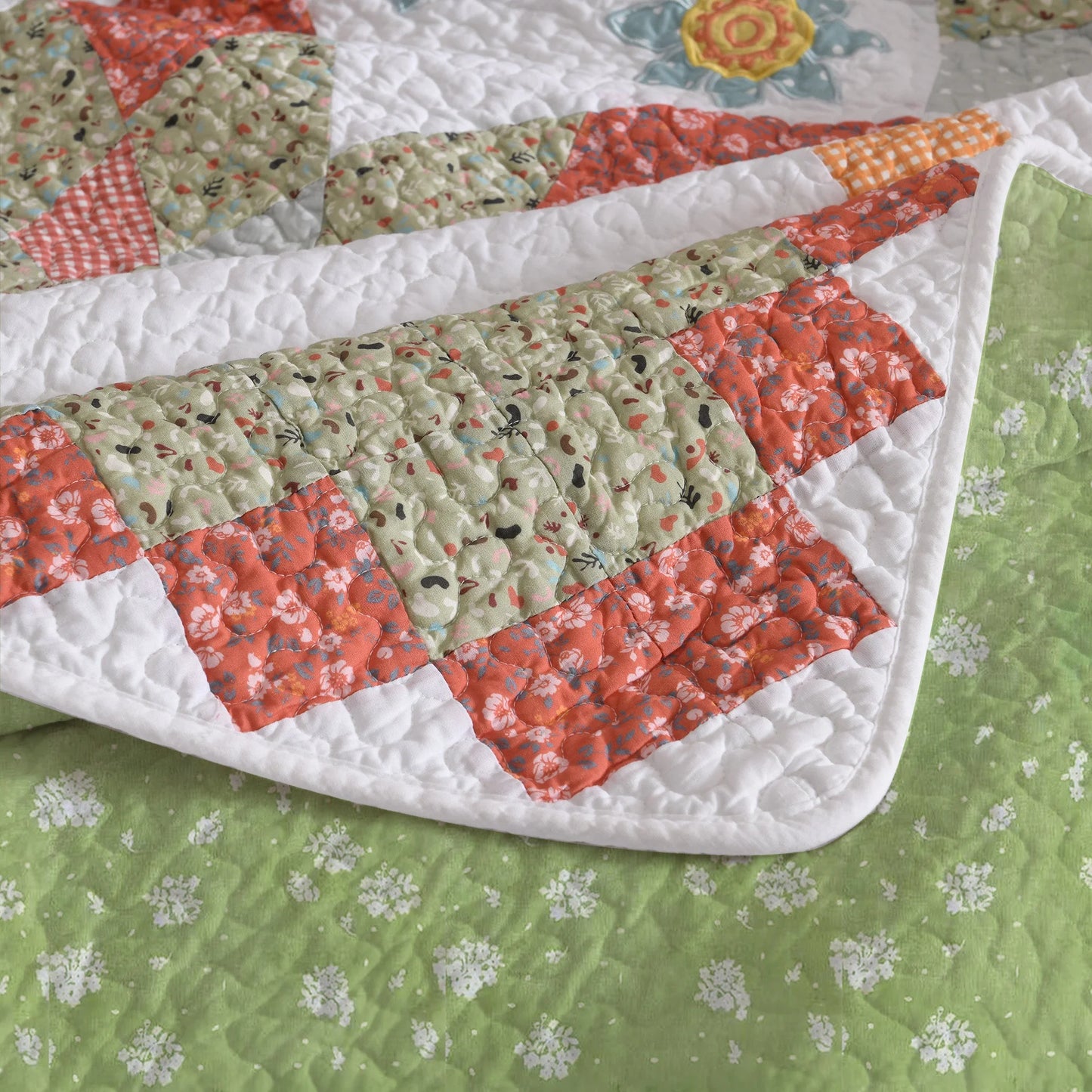 3 Pcs 100% Cotton Sunflower Pattern Patchwork Quilt Bedspread Set|Farmhouse Bedding Set for All Seasons